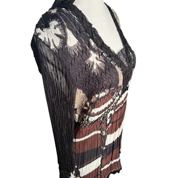 Alberto Makali Sheer Blouse Large Y2K Boho Crinkle Abstract Lace Stretchy Career - Picture 5 of 10